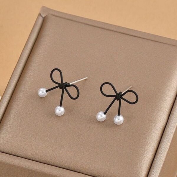 Black Bow Stud Earrings with Dainty Pearl Drop - Image 2
