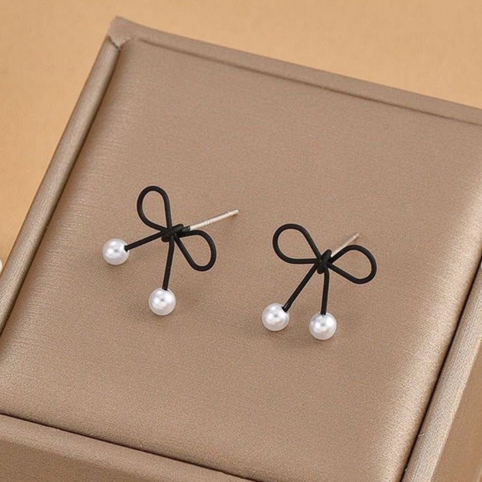 Black Bow Stud Earrings with Dainty Pearl Drop - Image 2