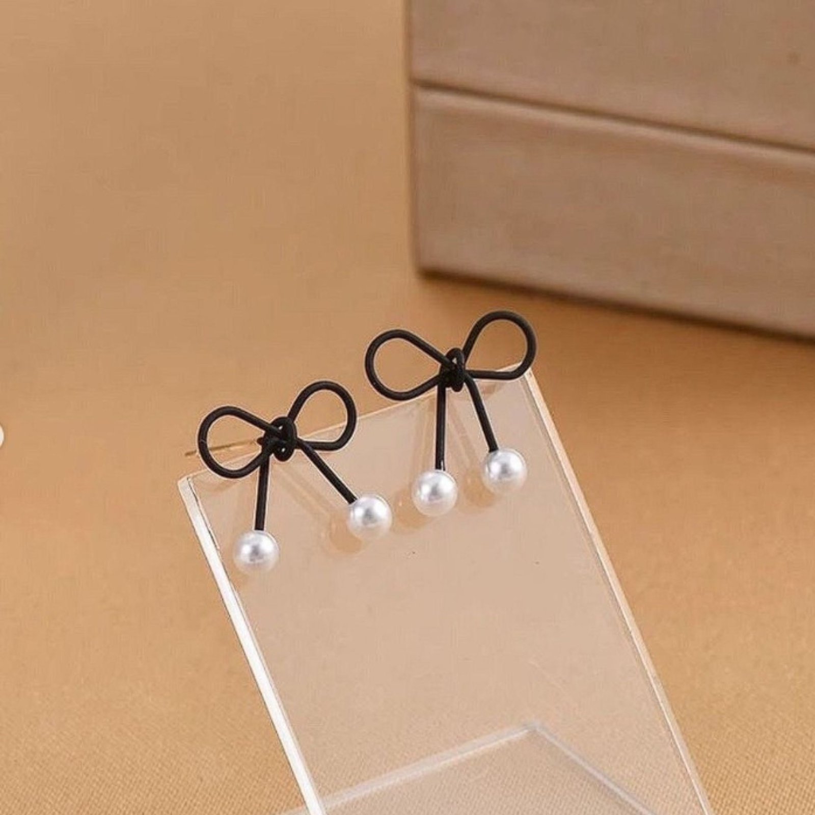 Black Bow Stud Earrings with Dainty Pearl Drop