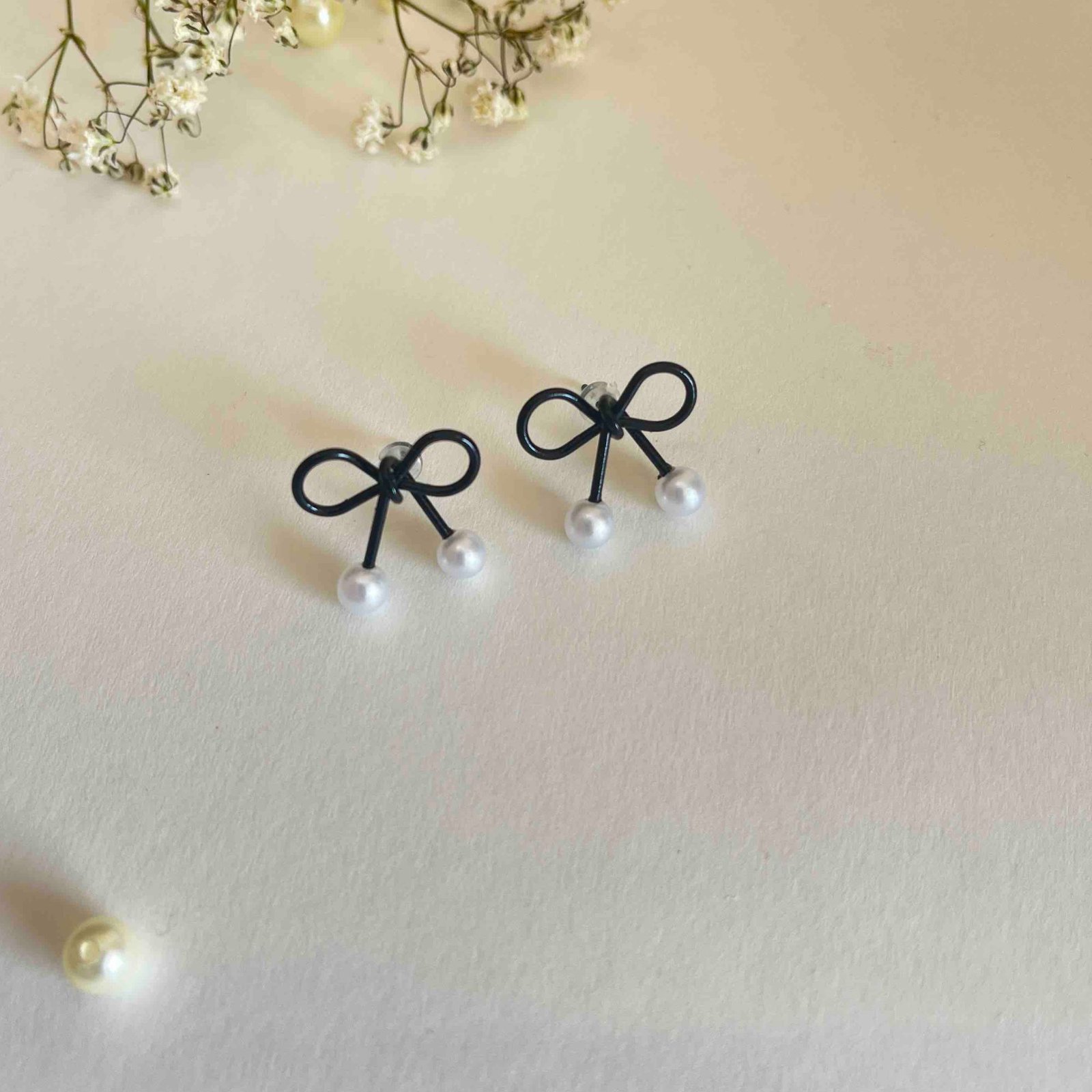 Black Bow Stud Earrings with Dainty Pearl Drop - Image 3