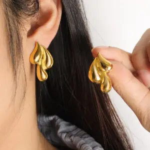 Golden Anti Tarnish Korean Hoop Tea Drop Earrings
